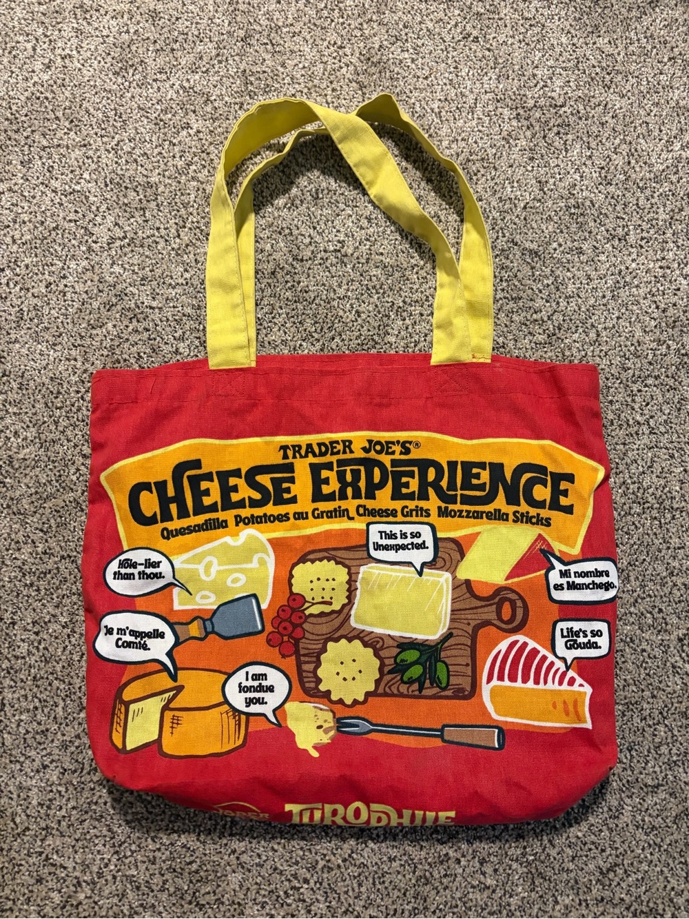 Trader Joe's Red Tote Bag with Yellow Handles - Cheese Experience